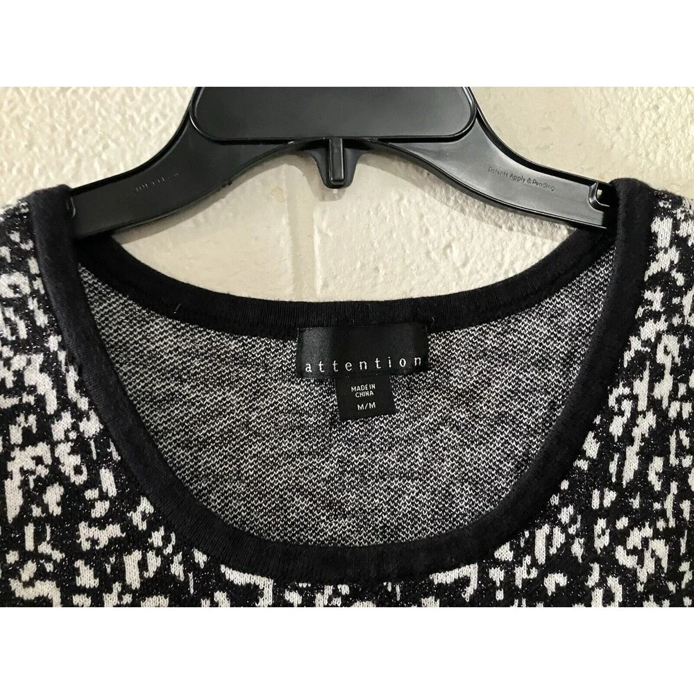 Attention Womens Size M Black White Knit Metallic Sheath Dress Long Sleeves